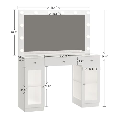 Vanity Desk with Large Mirror and Lights, Glass Top Makeup Vanity with Lights & Power Outlet for Bedroom, 3 Color Lighting Modes