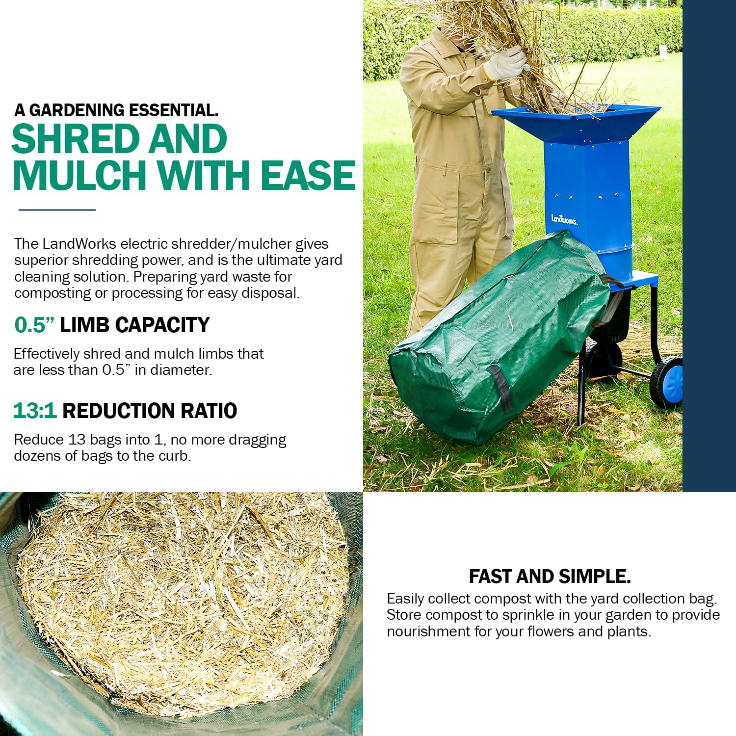 Landworks Leaf Mulcher Shredder Electric Green and Waste Management Heavy Duty 120V AC 11 Inch Cutting Blade .5 Inch Cutting Capacity for Leaves