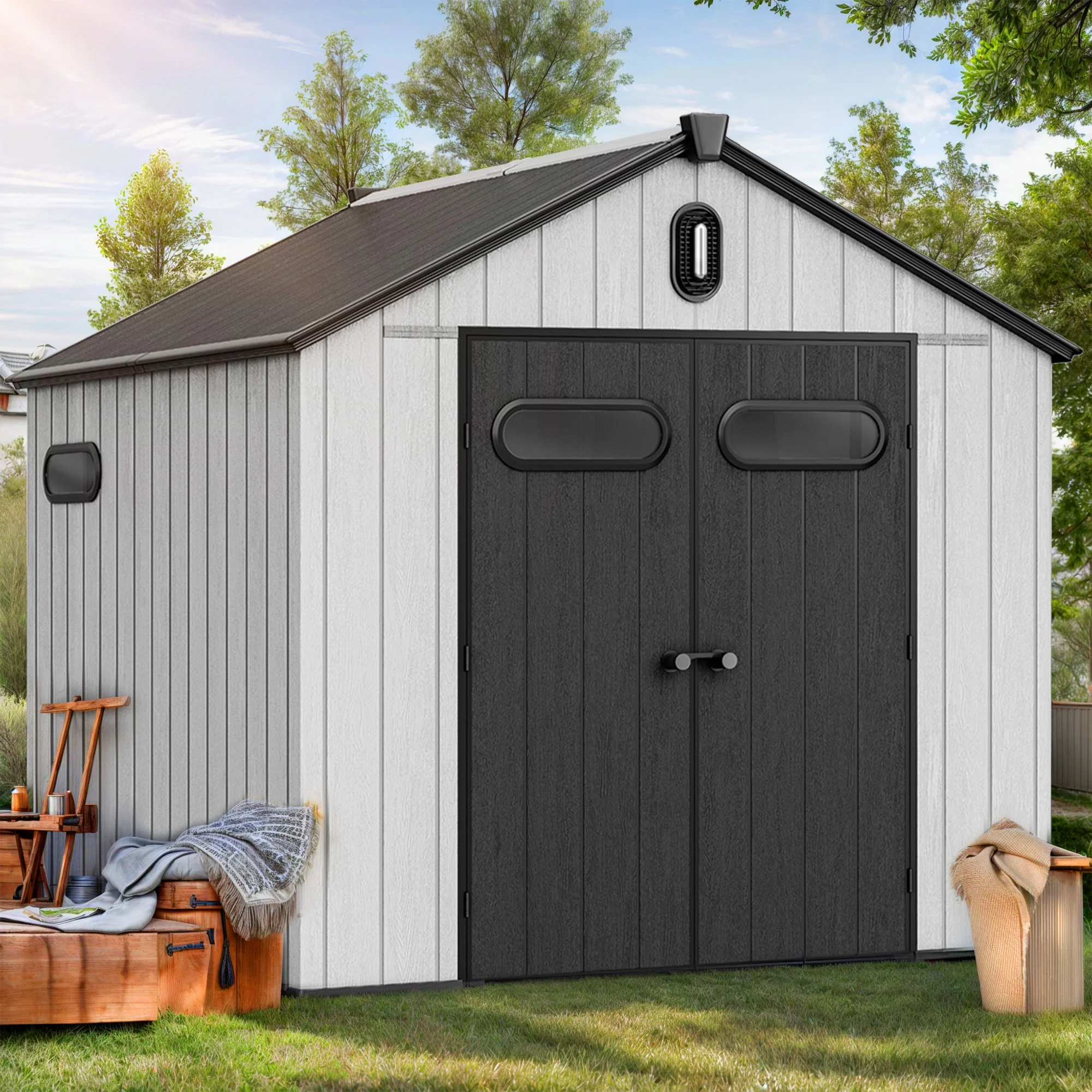ModFusion 8x8 Ft Improved Natural Light, Outdoor Resin Storage Shed, 2 Door with Lock, Floor, Gable Roof, Windows, Air Vent, for Bike, Trash Can