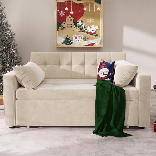 DWVO 55" Convertible Sofa Bed, 3-in-1 Sleeper Sofa with Pull-Out Bed, Linen Futon Couch with Adjustable Backrest and Side Pocket
