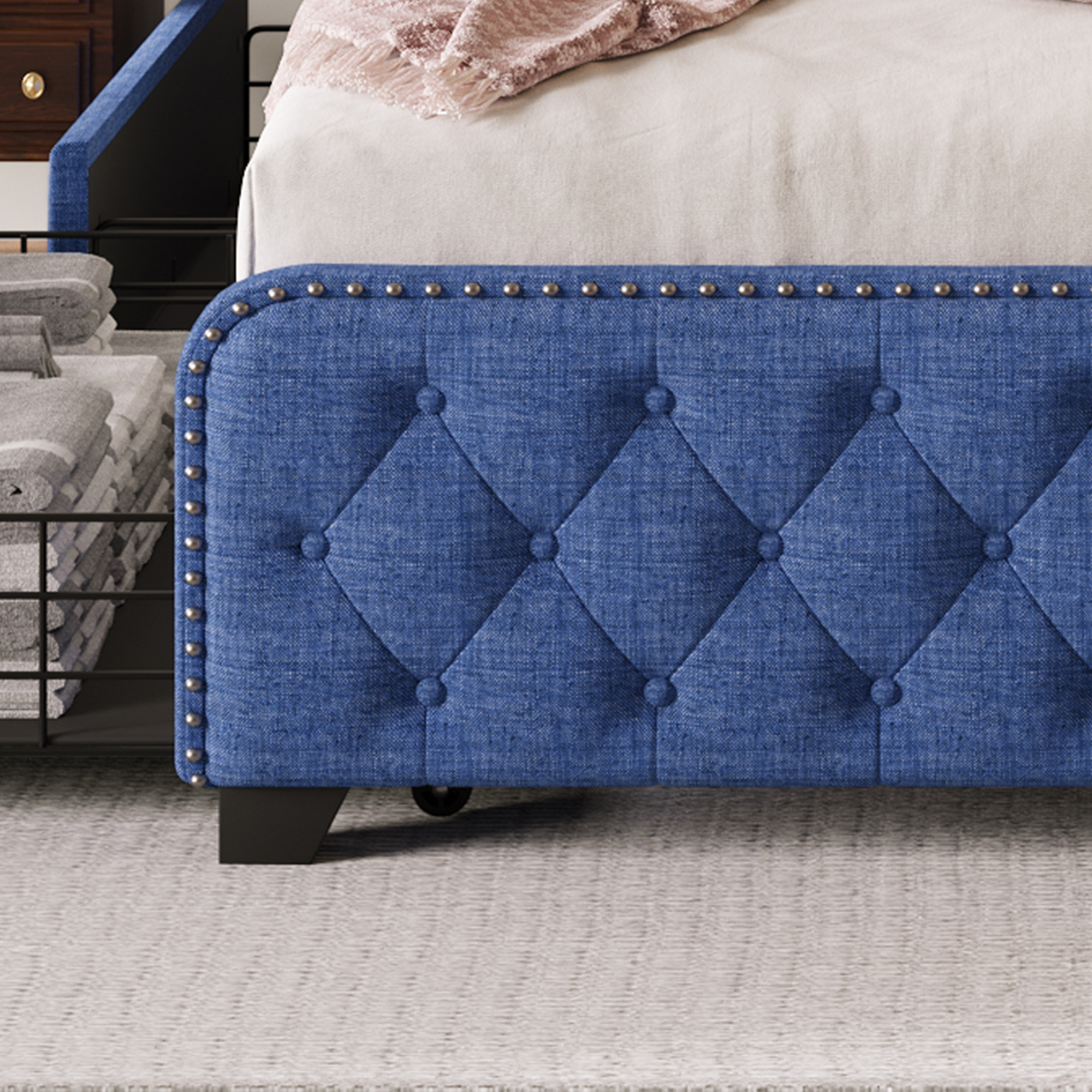 Upholstered Platform Bed Frame with Four Drawers, Button Tufted Headboard and Footboard Sturdy Metal Support, No Box Spring Required, Blue