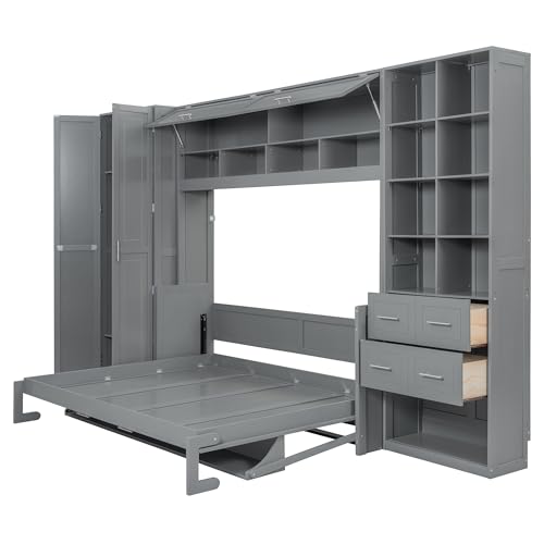 SOFTSEA Queen Size Murphy Bed with Desk, Horizontal Murphy Bed with Storage Wardrobe Drawers and Shelves, Hidden Wall Bedframe for Guest Room