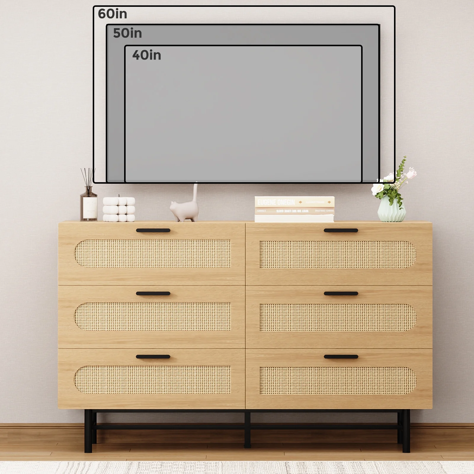 REHOOPEX 6 Drawer Dresser for Bedroom, Natural Rattan Chest of Drawers, Wood Storage Dressers