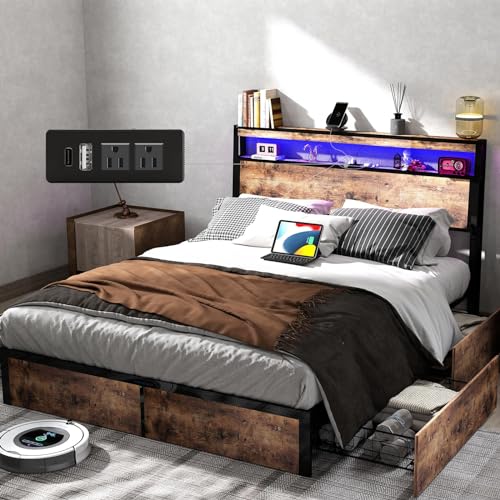 King Size Bed Frame with 4 Storage Drawers and Headboard with Charging Station and LED Lights,2 Tier Solid Wood Headboard Storage,Noise Free