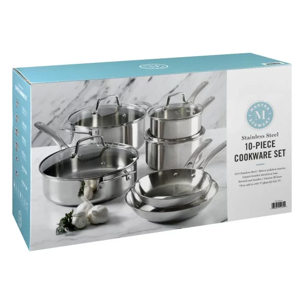 Martha Stewart 10pc Cookware Set, Polished Exterior Stainless Steel Pots and Pans