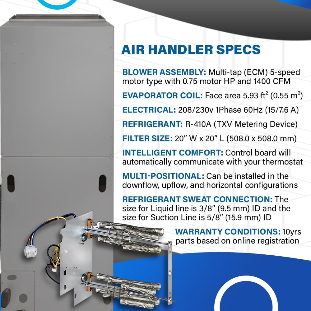 14.3 SEER2 4 Ton 15kW Heat Pump Split System | Downflow Air Electric Handler with Thermostat | Backup Heat Kit, Single Stage Condenser