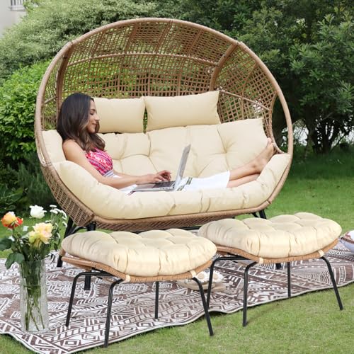 NICESOUL® Double Egg Chair Indoor Outdoor Stationary Oversized Thicken Padded Cushions, 2 Person Egg Loveseat Chair