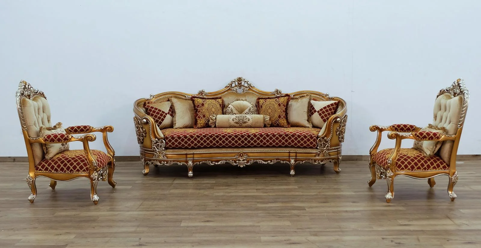 Luxury Red & Gold Wood Trim SAINT GERMAIN Sofa Set 3 EUROPEAN FURNITURE Classic