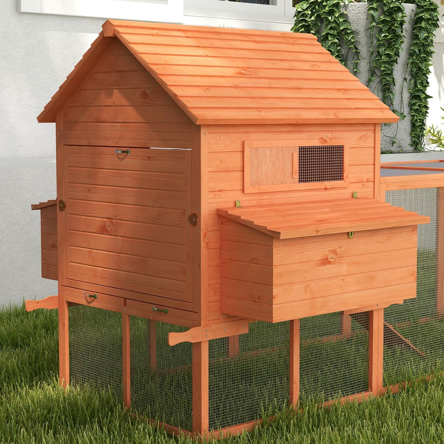 PawHut 145" Chicken Coop Large Chicken House Rabbit Hutch Wooden Poultry Cage Pen Garden & Backyard with Run & Inner Hen House Space