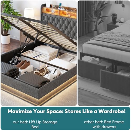 Queen Bed Frame with Storage - Lift Up Queen Size Bed Frame with Headboard, Upholstered Platform Bed with LED Lights & Charging Station