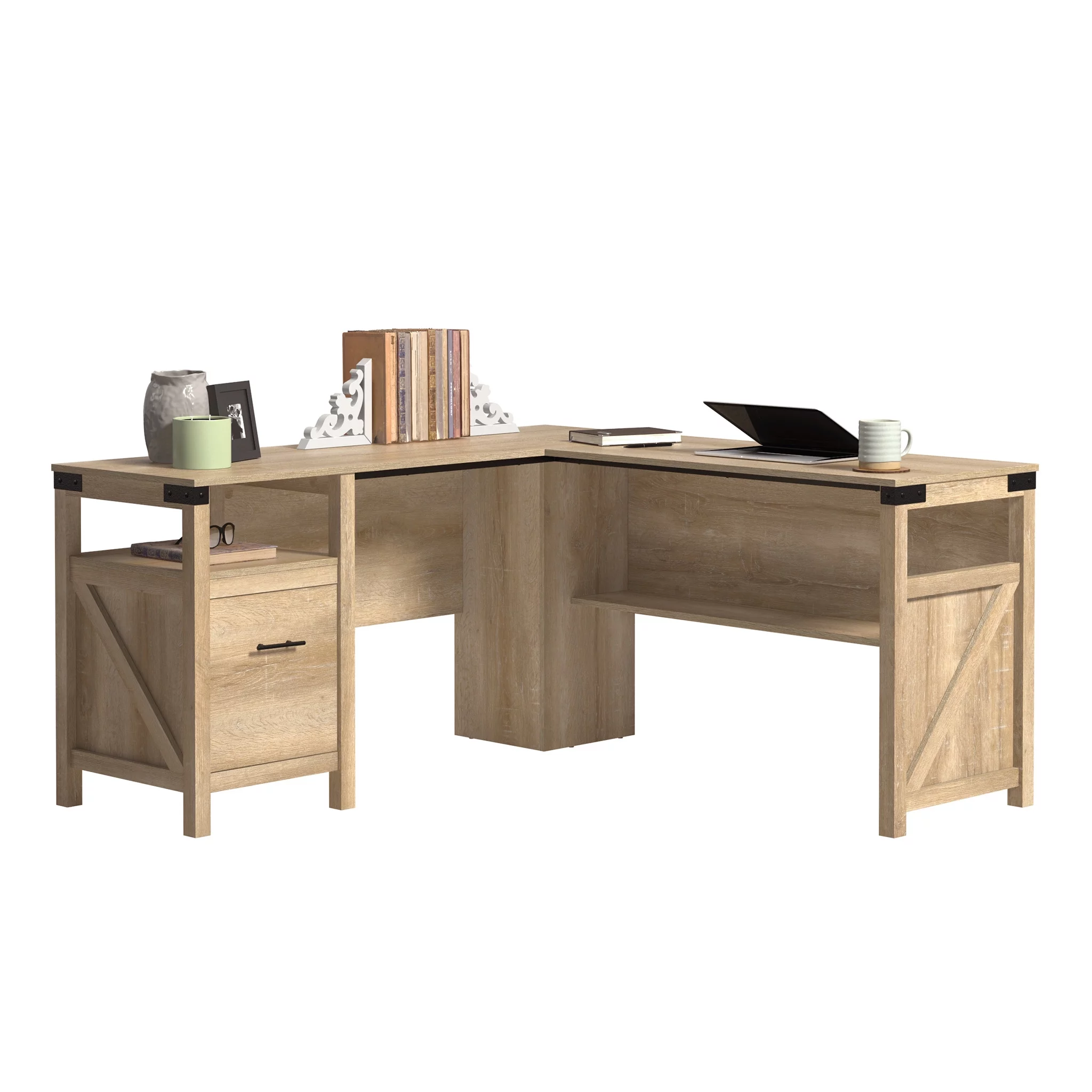 Sauder Saddler Way L-Shape Computer Desk with File Drawer, Orchard Oak Finish