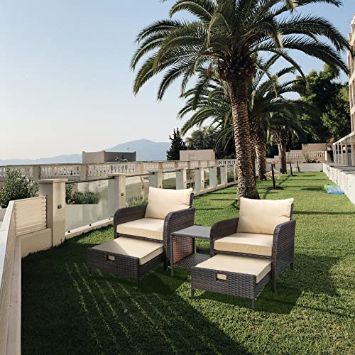 LEVELEVE Balcony Furniture 5 Piece Patio Conversation Set, PE Wicker Rattan Outdoor Lounge Chairs with Soft Cushions 2 Ottoman&Glass Table for Porch