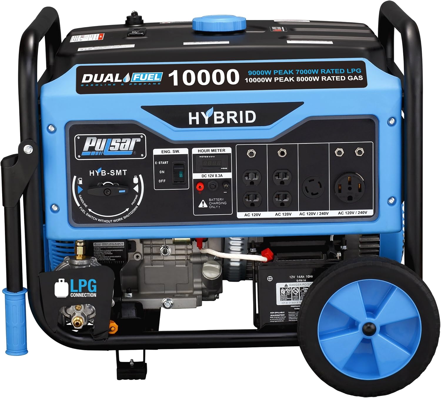 Pulsar PG10000B16 Portable Dual Fuel Generator-8000 Rated 10000 Peak Watts-Gas & LPG Electric Start-Switch-&-Go Build in, RV Ready-CARB Compliant, 10