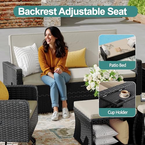 6 Piece Patio Furniture Set, Wicker Patio Conversation Sets with Swivel & Recline Chairs, Outdoor Sectional Sofa Sets with 2 Storage Ottoman