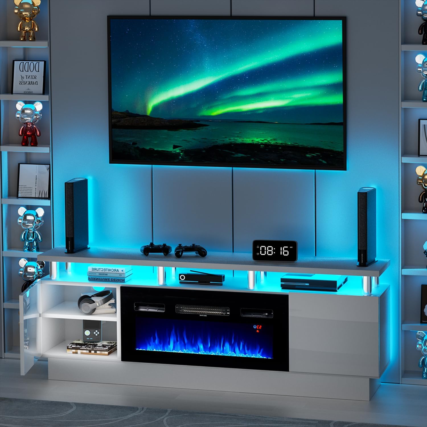 Fireplace TV Stand with 36" Electric Fireplace,2 Tier TV Console Stand, LED Light Entertainment Center, for TVs Up to 80"