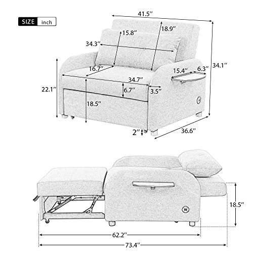 Pull Out Sleeper Chair Convertible Chair to Bed 3-in-1 Single Sofa Bed with Adjustable Backrest Comfy Chaise Lounge Chair Indoor Modern Recliner
