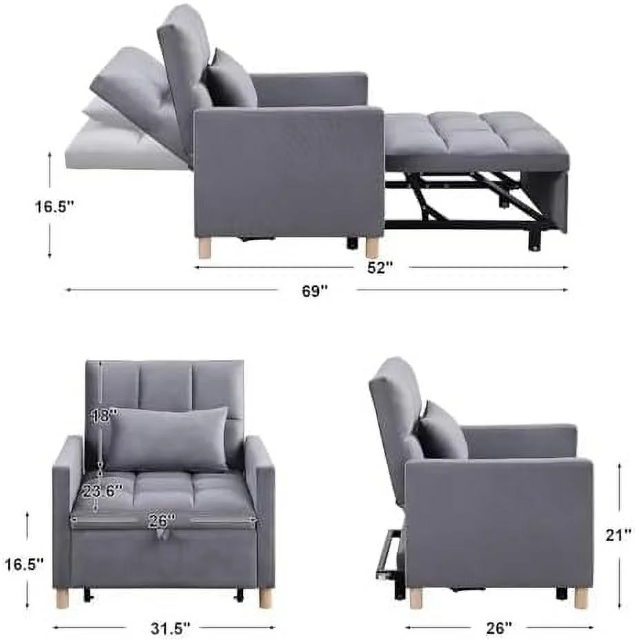 RUNFAYBIU Convertible Sleeper Sofa Chair Bed  3-in-1 Multi-Functional Velvet Couch with Pull-Out Bed  Modern Chaise Lounge Chair with Adjustable