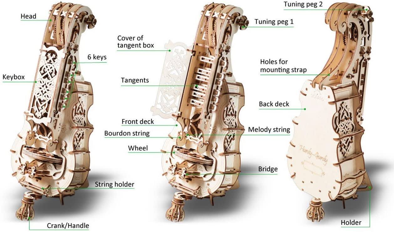 Ugears Hurdy-Gurdy 3D Puzzle, Wooden Musical Model, Brain Teaser, DIY Craft Set
