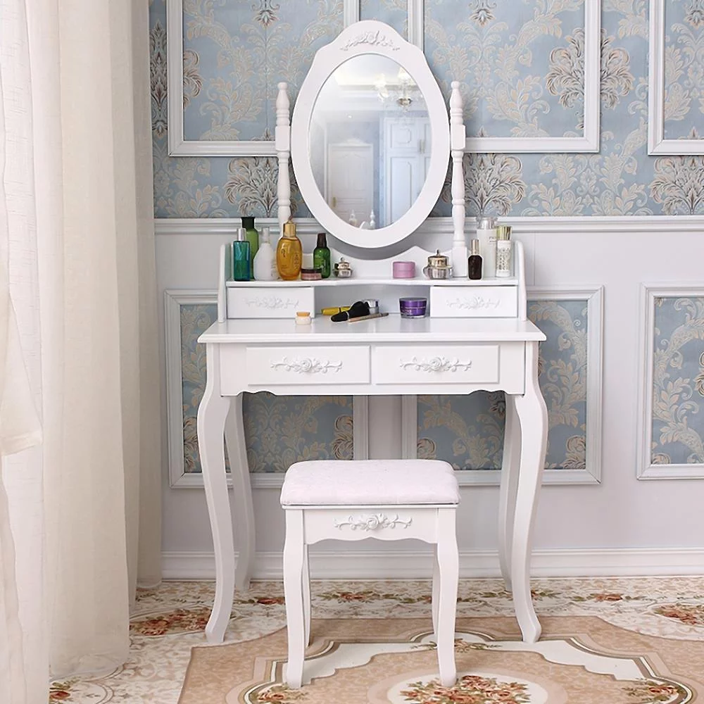 SamyoHome Vanity Table Set, Makeup Dressing Table with Mirror, Vanity Desk with Cushioned Stool 4 Drawers, White