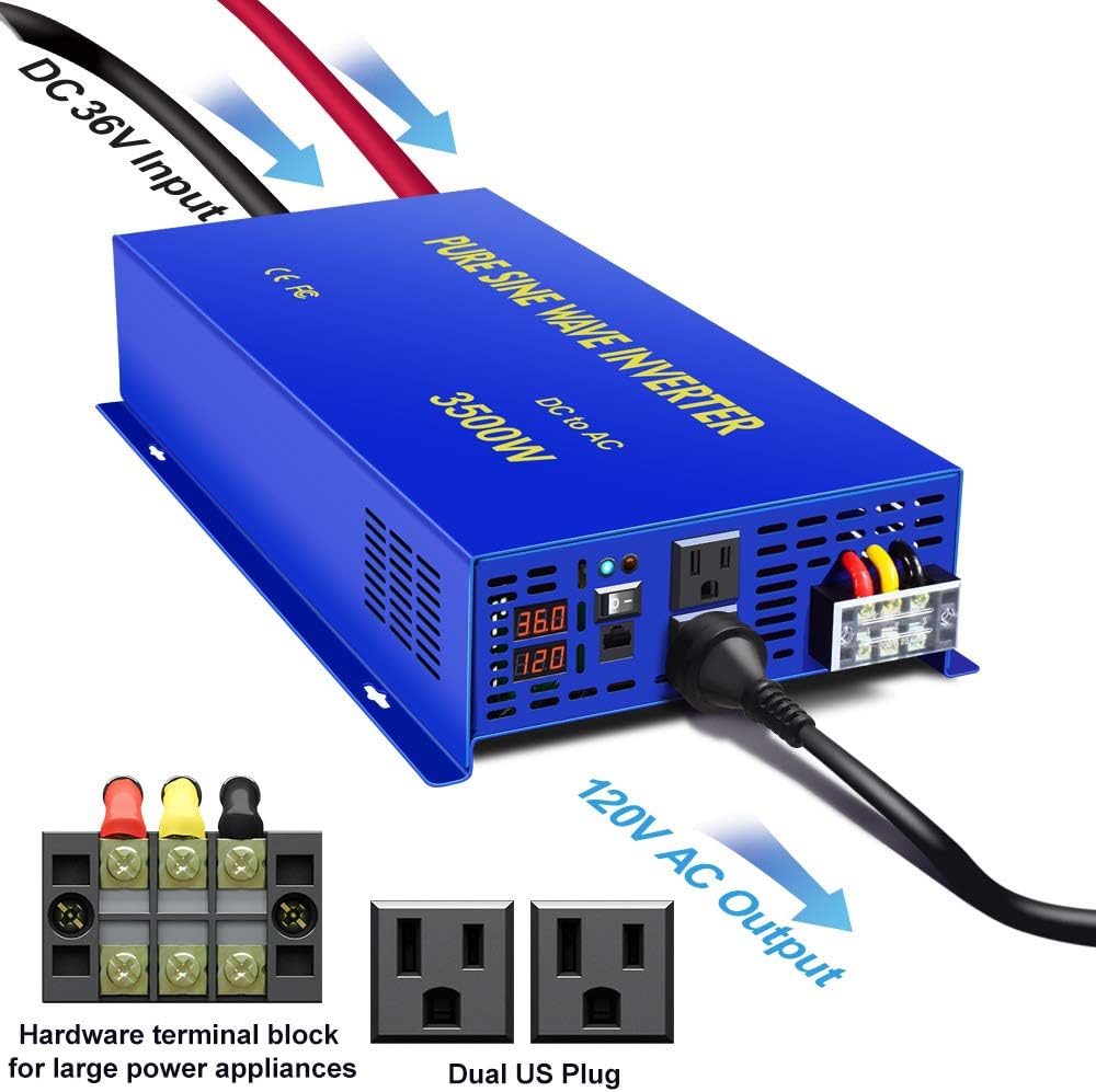 XYZ INVT 36 Volt Inverter 3500W Pure Sine Wave Inverter DC to AC, 36v to 110V 120V with 15ft Remote Switch, Surge 7000w