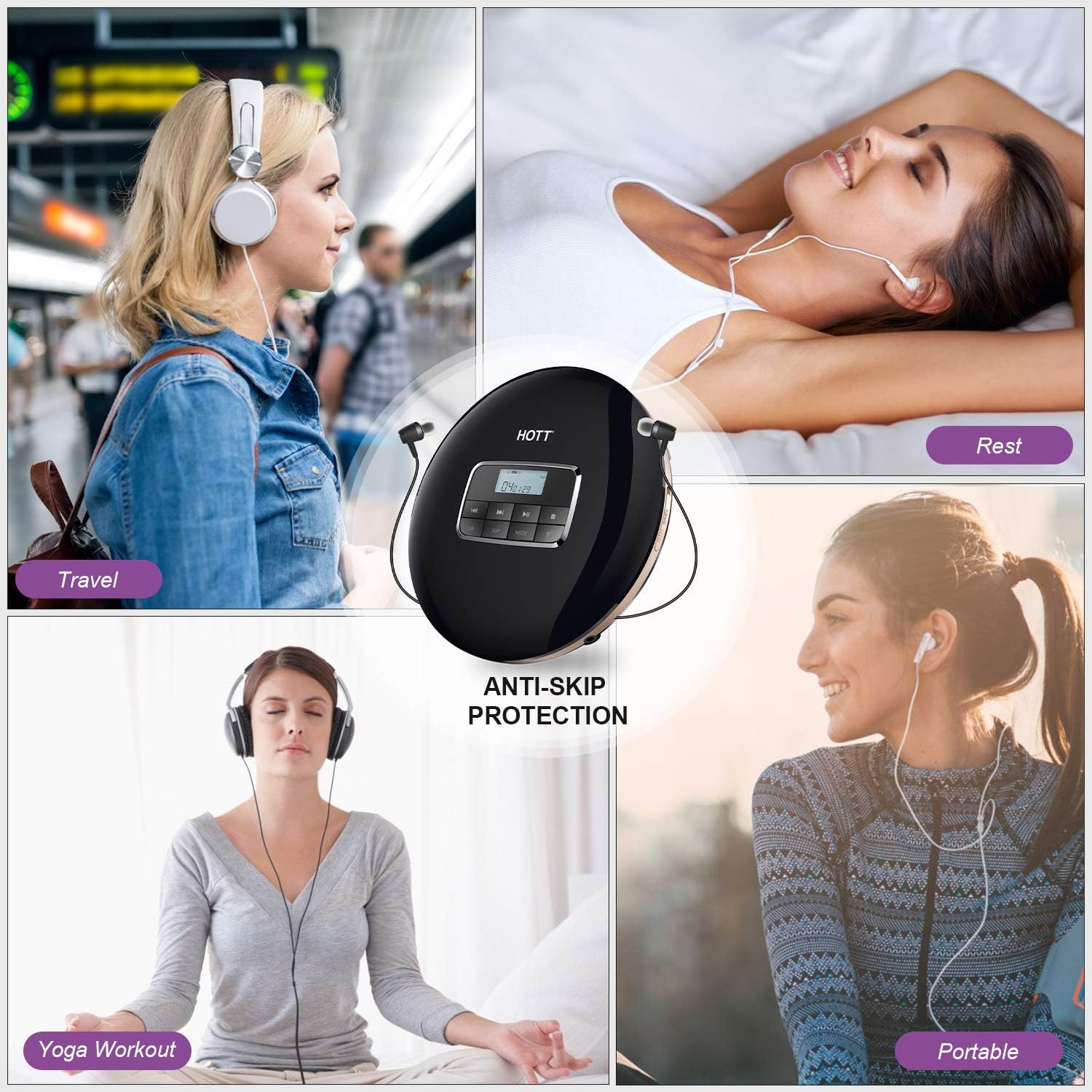 HOTT CD511 Portable CD Player Personal Compact CD Player with LCD Display Anti-Skip/Anti-Shock Walkman Small Music CD Player with Headphones USB