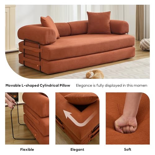 Convertible Sleeper Sofa Bed with Cylindrical Pillow, Corduroy Folding Mattress Couch with Fixed-Shape Frame