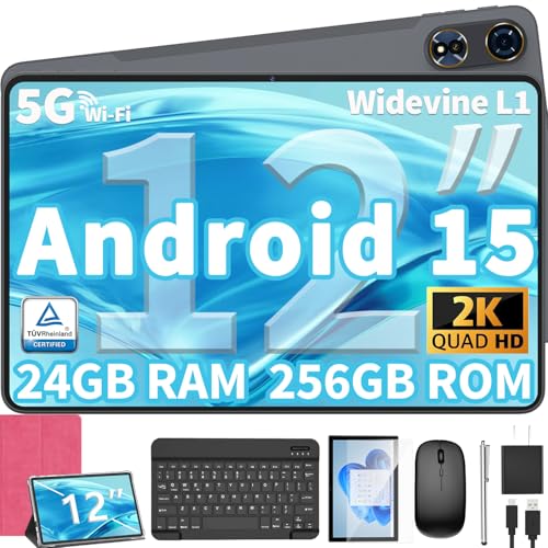 12 Inch Tablet Android 15 Tablets, 2025 Upgraded Android Tablet with Keyboard, 24GB RAM+256GB ROM(1TB Expand), Octa-Core, 2K 2000x1200 Display