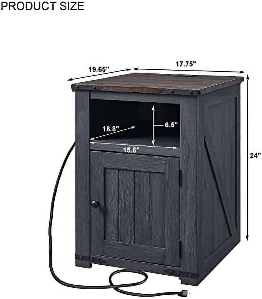 SJOINGB Nightstand with Charging Station  20" Farmhouse End Table w/Groove Barn Door  Rustic Wood Sofa Side Bedside Table w/Open &amp