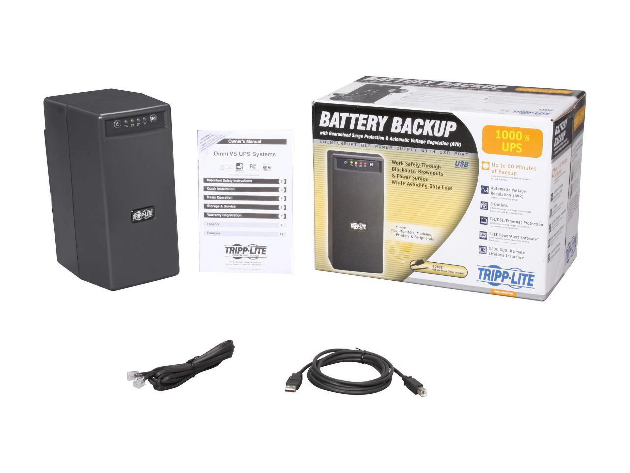 Tripp Lite UPS 1000VA 500W Battery Back Up Tower AVR 120V USB RJ45 Tower - 4 Hour Recharge - 3.50 Minute Stand-by - 110 V AC Input