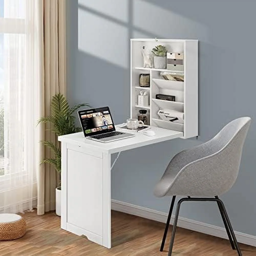 HJZBNONE Wall Mounted Desk  Folding Floating Desk with 3-Tier Tilt  Partition and Adjustable Shelves  Space-Saving Fold up Desk Laptop Desk
