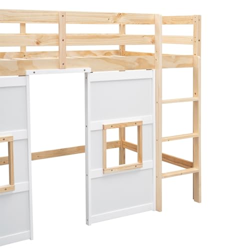 Full Size Loft Bed with L-Shaped Desk, Wardrobe and Storage Shelves, Solid Wood Bedframe w/Safety Guardrails & Ladder for Kids Teens Adults