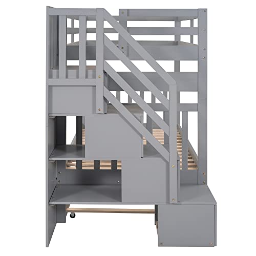 Ball & Cast Twin-Over-Twin Bunk Bed with Twin-Size Trundle and 3 Storage Stairs,Wood Bunkbed w/Full-Length Guardrails,Slat Support