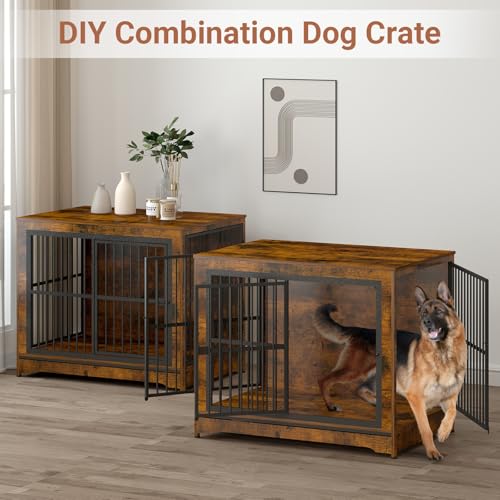 86 Inch Double Dog Crate Furniture with Divider, 4 Combination Forms Large Dog Kennel Furniture for 2 Dogs