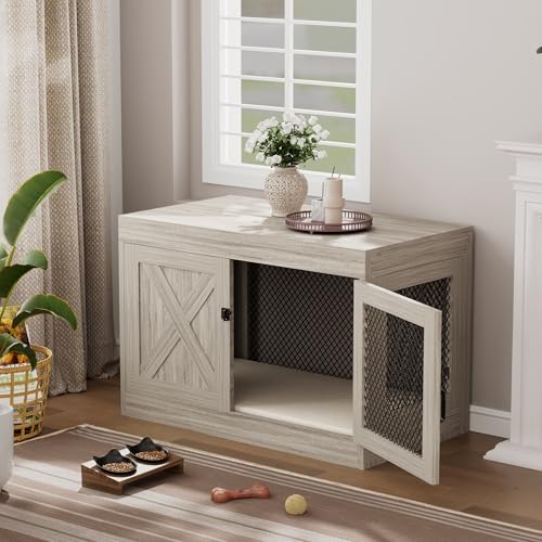 Xilingol Corner Dog Crate Furniture with Double Doors, 36 Inch Wooden Dog Kennel End Table Indoor with Mesh, Cage/House for Small Medium Large Dog