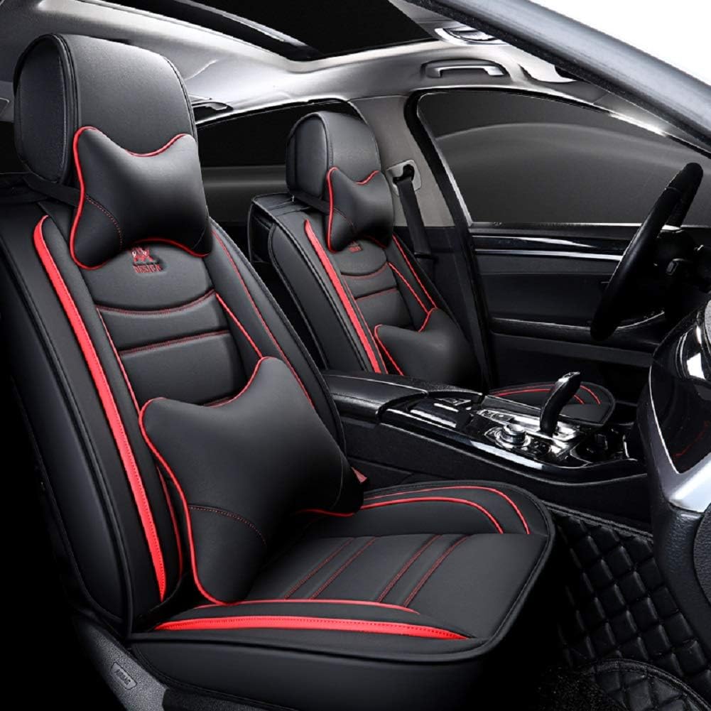 OUTOS Luxury Leather Auto Car Seat Covers 5 Seats Full Set Universal Fit(Black-White)