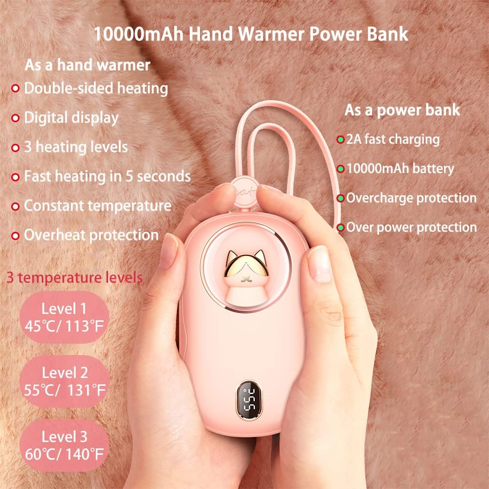10000mAh Portable Power Bank Hand Warmer Rechargeable Hand Warming Power Bank 3 Heat Levels Double-Sided Heating with Digital Display Heater Quick