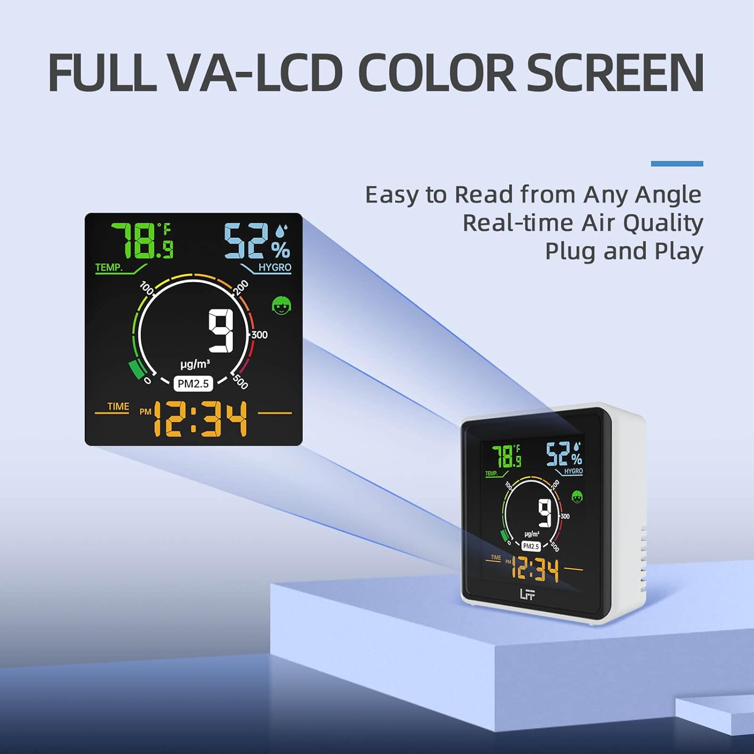 Indoor Air Quality Monitor, LFF PM2.5 Detector, Temperature Tester, and Humidity Monitor Meter Sensor for Home, Office, School, Hotel
