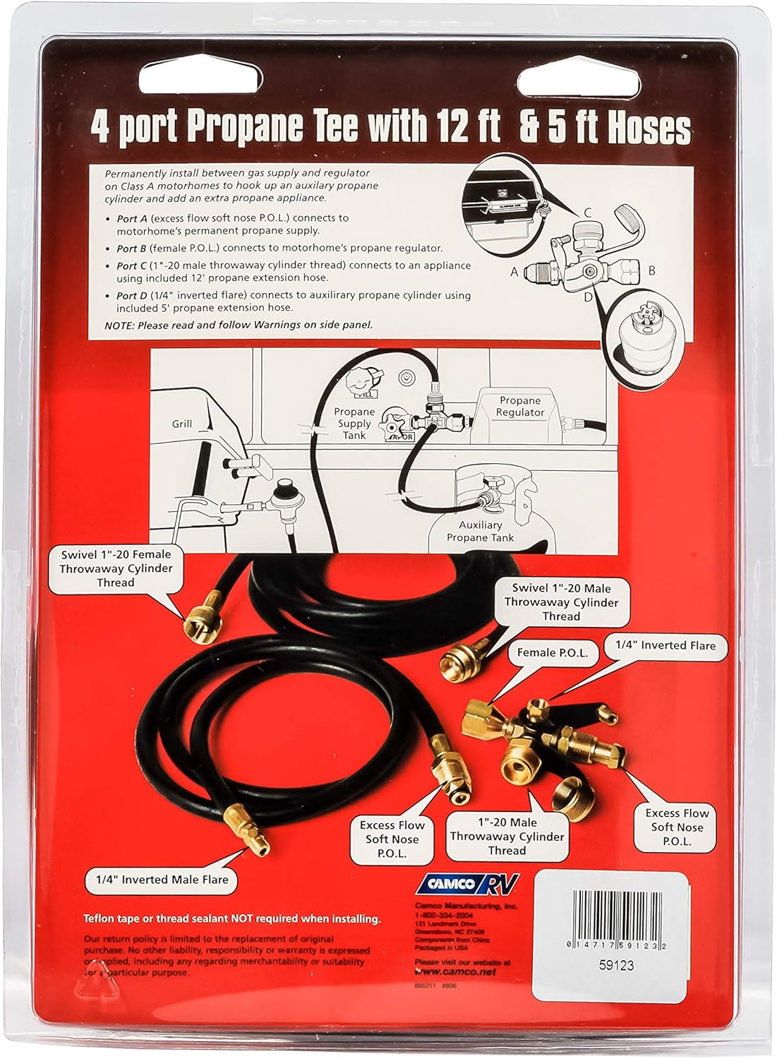 Camco Propane Brass 4 Port Tee- Comes with 5ft and 12ft Hoses