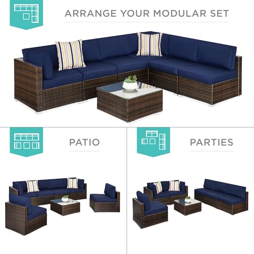 Best Choice Products 7-Piece Modular Outdoor Sectional Wicker Patio Conversation Set w/ 2 Pillows, Coffee Table, Cover Included - Gray/Navy