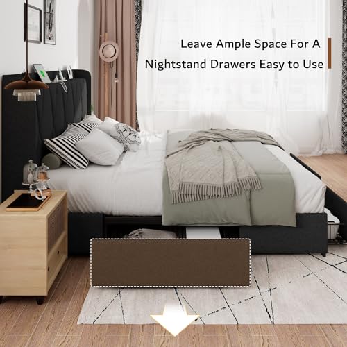 iPormis Queen Bed Frame with 4 Storage Drawers, Upholstered Platform Bed Frame with Charging Station, Modern Wingback Storage Headboard