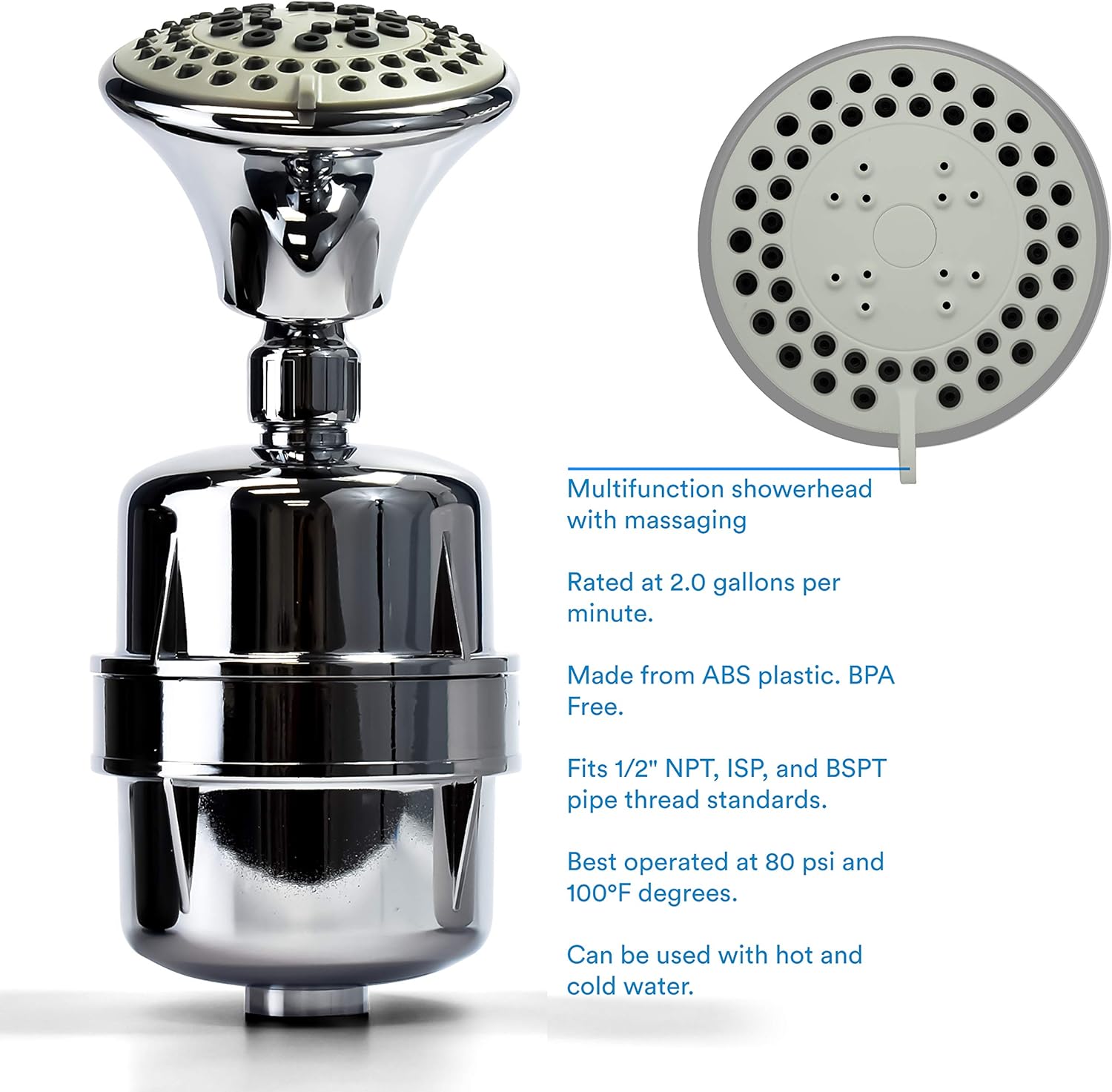 ProOne ProMax Chrome Shower Filter w/ 5 Function Massager Head - Water Filter Cartridge - Great for Dry Skin and Hair