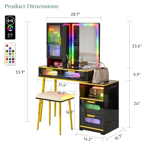 RGB LED Vanity Desk with Mirror and Lights, Makeup Vanity Table with Charging Station, 7 Dynamic and 24 Static Dimmable Vanity Set