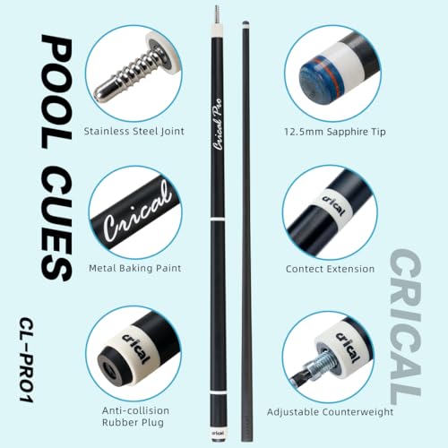 CRICAL Carbon Fiber Pool Cue Stick 58" Billiard Cue Sticks Professional Low Deflection Pool Sticks with 3/8 * 8 Pin Joint and 12.5mm Tip