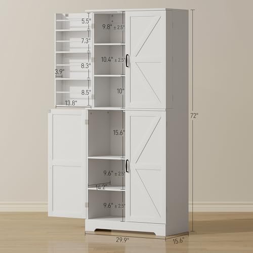 HOMCOM 72" Farmhouse Kitchen Pantry Cabinet, Freestanding Tall Storage Cabinet with 4 Barn Doors, 4 Adjustable Shelves and 8 Door Shelves