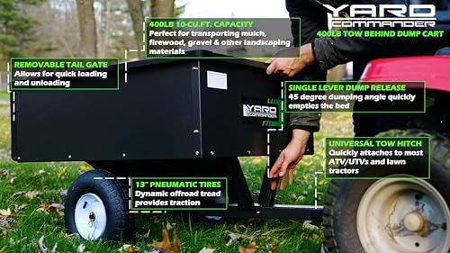 Yard Commander - 400LB Heavy Duty Tow Behind ATV Trailer Steel Dump Cart - 10-Cubic Feet Capacity - Garden Utility Trailer