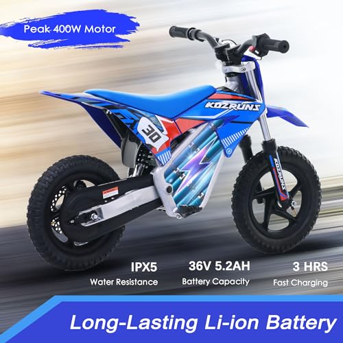 OLALA 36V Electric Dirt Bike for Kids Aged 4-8, Brushless 350W Racing Grade Electric Motorcycle, Up to 18.6MPH & 3 Speed Settings, Dual Disc Brakes
