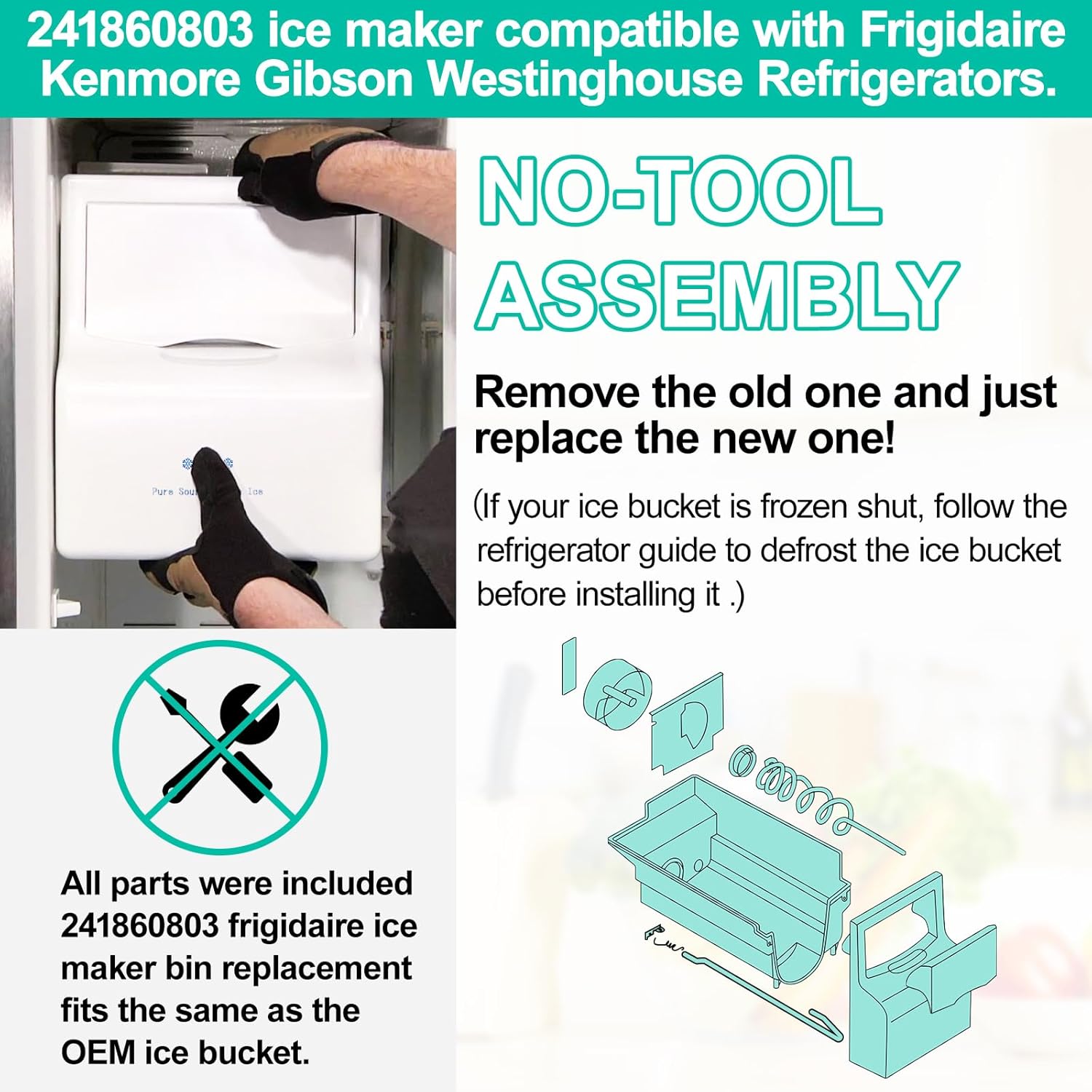 Upgraded 241860803 Refrigerator Ice Bucket Assembly Compatible with Frigidaire Ice Maker Replacement Ice Bin Container Parts AP4300918 LFSS2612TF0
