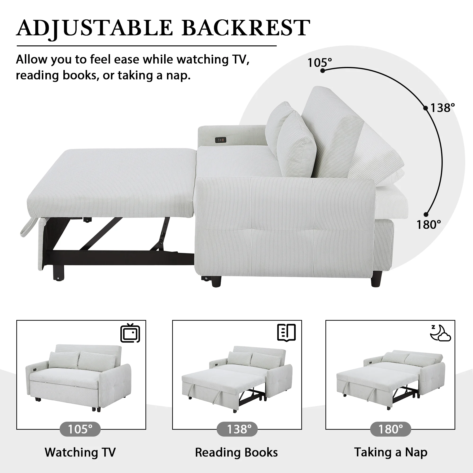 EUROCO 57.48" 3-in-1 Pull-out Convertible Sofa Bed Foldable Sleeper Corduroy Sofa Fabric Loveseat with 2 Throw Pillows