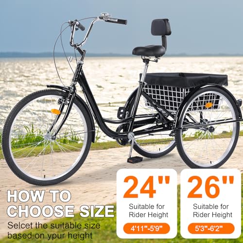 Adult Tricycles, 7 Speed Adult Trikes 26 inch 3 Wheel Bikes, Cruise Bike with Basket for Seniors, Women, Men for Recreation, Shopping, Exercise
