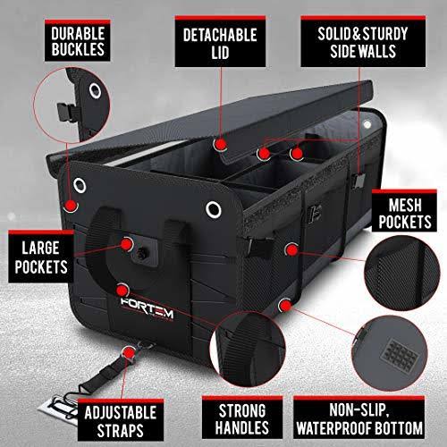 Fortem Car Trunk Organizer, Foldable COVER, Non-Slip Waterproof Bottom, Straps, Cargo Storage (3 Compartments, Black)